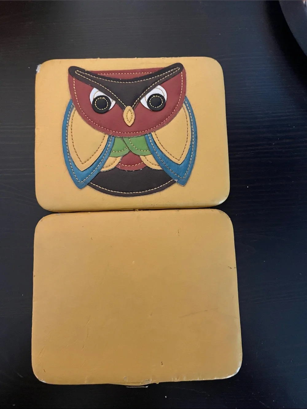 Vintage Yellow Owl Leather Clutch/small wallet with Multicolor Applique
